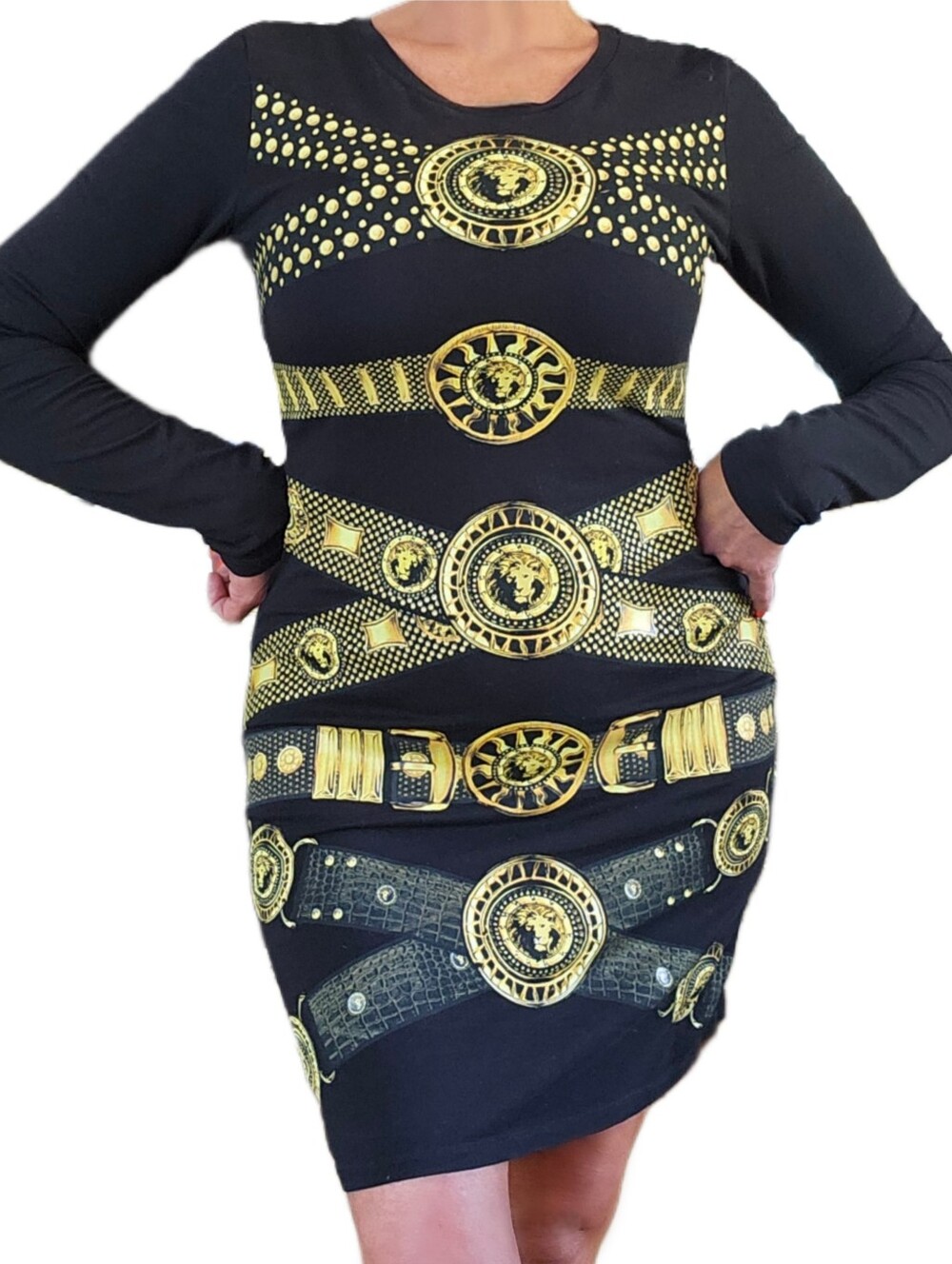Versace Versus Long Sleeve Black Gold Bodycon Bondage Lion Head Dress